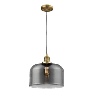 Bell 1 Light Brushed Brass Bowl Pendant Light with Plated Smoke Glass Shade
