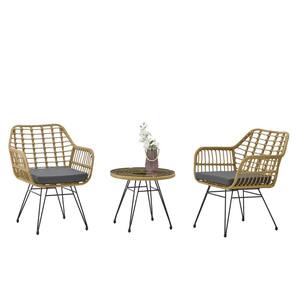 3-Piece Rattan Patio Conversation Set, Round Glass Top Table and 2-Chairs with Cushions