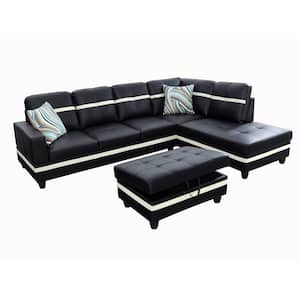 104 in. Square Arm 3-Piece Faux Leather L-Shaped Sectional Sofa in Black/White