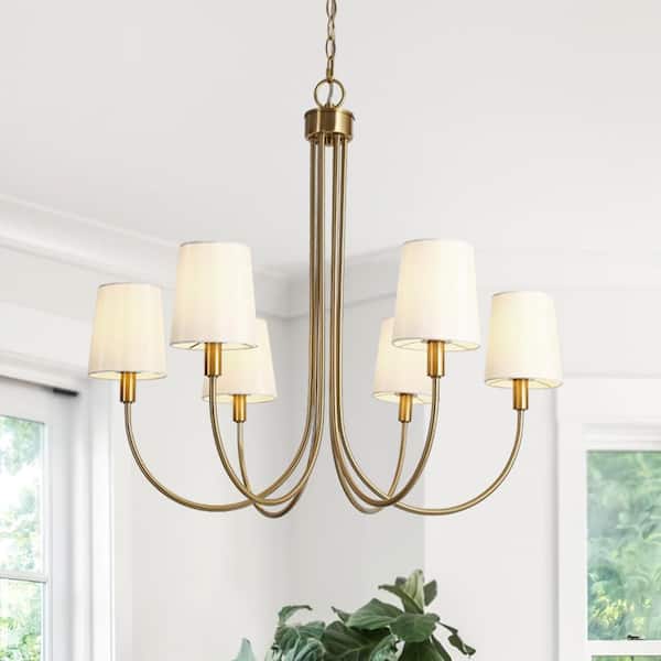 Transitional 28.5 in. 6-Light Plated Brass Sputnik Chandelier, Vintage Dining Room Chandelier with White Fabric Shade