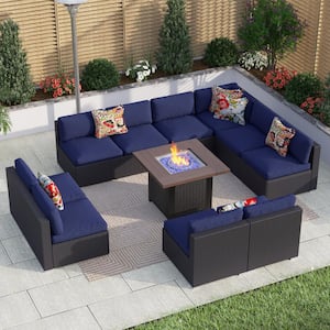 Dark Brown Rattan Wicker 10 Seat 11-Piece Steel Outdoor Fire Pit Patio Set with Blue Cushions and Square Fire Pit Table