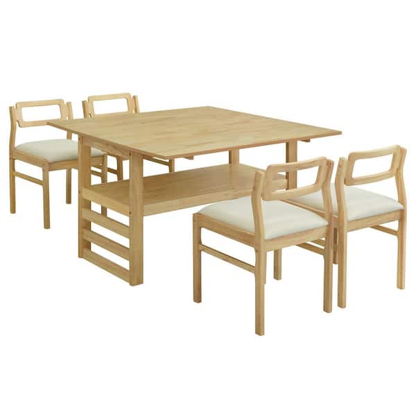 5-Piece Natural Extendable Dining Table Set with Square Wood Top, Two 11.8 in. Drop Leaves, Seats 4
