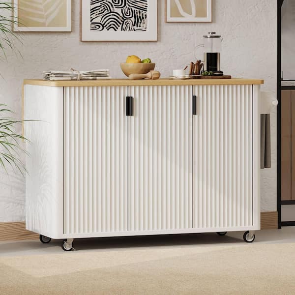 Rolling White Drop Leaf Wood Top 51 in. Kitchen Island Cart with 4 Wheels, Adjustable Shelves, Soft-Close Hinge