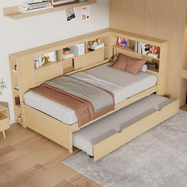 Harper & Bright Designs Natural Twin Size Wood Daybed with Storage Shelves, Built-in Charging Station and Twin Size Trundle