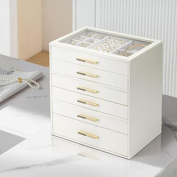 Cloud White 9.8 in. x 10.6 in. Polyurethane Modern Jewelry Box Organizer with Glass Lid and 6 Drawers Z0DLP1V4VV