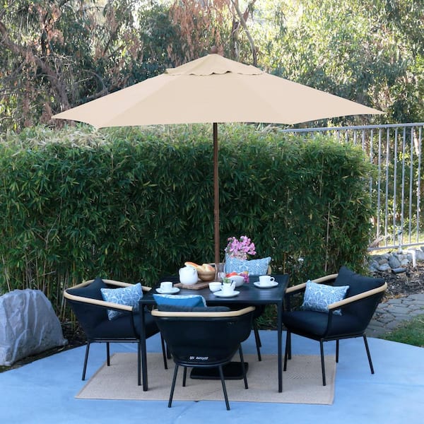 9 ft. Wood-Grain Steel Push Lift Market Patio Umbrella in Polyester Antique Beige Fabric