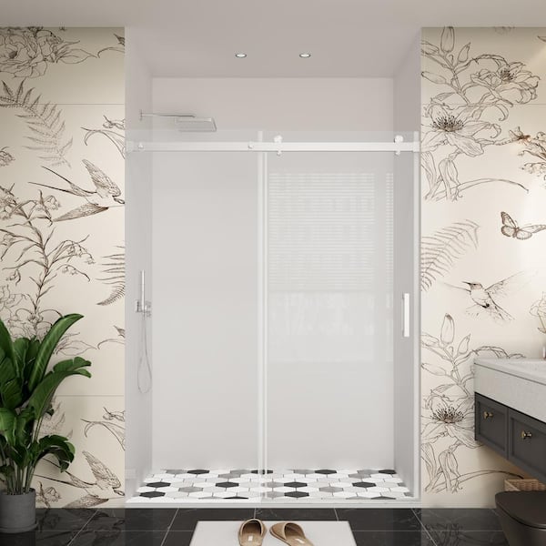 60 in. W x 76 in. H Single Sliding Frameless Soft-Closing Bypass Shower Door in Brushed Nickel with 3/8 in. Clear Glass