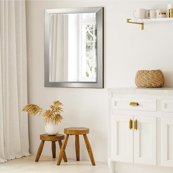 29 in. W x 41 in. H Framed Rectangle Beveled Edge Wood Full Length Mirror in Solid Silver