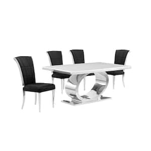 Ibraim 5-Piece Rectangle White Marble Top With Stainless Steel Base Dining Set With 4 Black Velvet Iron Leg Chairs