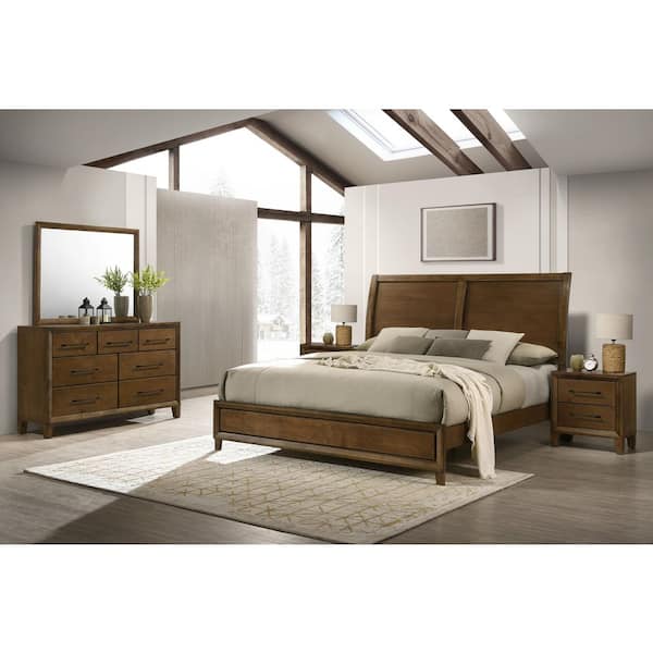 New Classic Furniture Ballard 5-Piece Walnut Brown Wood King Bedroom Set (Bed, Dresser, Mirror, 2 Nightstands)