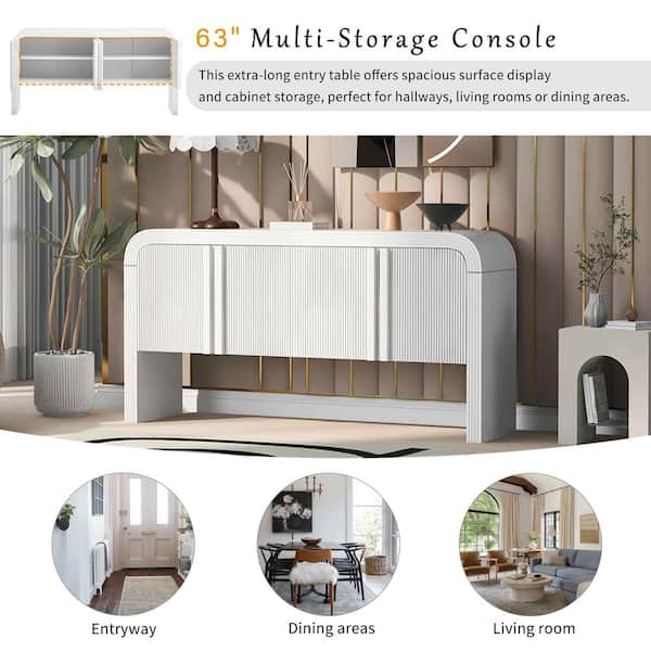 White Wood 63 in. Sideboards with 4 Doors and Adjustable Shelf