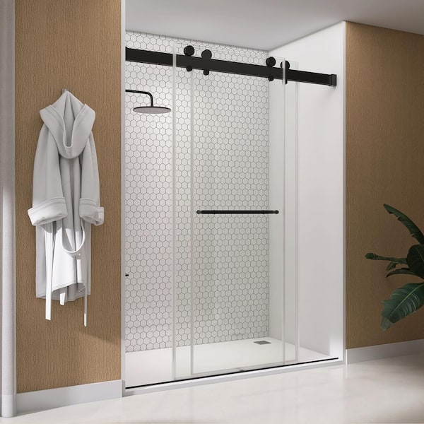 NTQ 60 in. W x 79 in. H Soft-Close Frameless Double Sliding Alcove Glass Shower Door in Matte Black 3/8 in. Tempered Glass