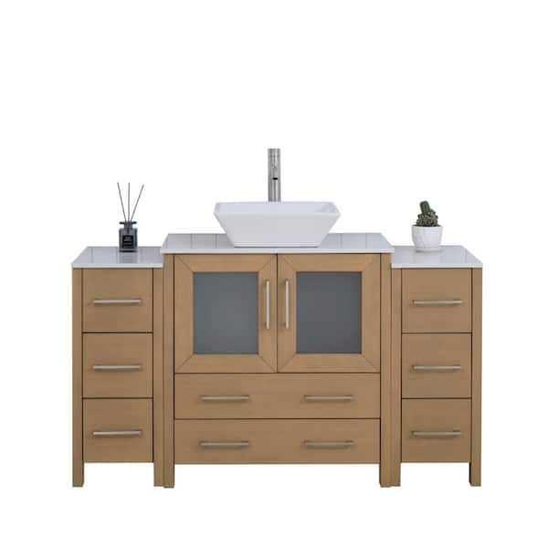 Vanity Art 54 in. W Single Basin Natural Oak Bath Vanity with White Engineered Marble Top and Mirror