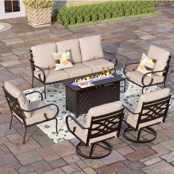 PHI VILLA Black Metal 7 Seat 6-Piece Steel Outdoor Fire Pit Patio Set with Beige Cushions, Black Rectangular Fire Pit Table