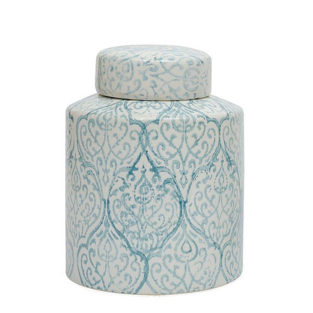 Elegant Blue and White Floral Ceramic Ginger Jar, 10" High