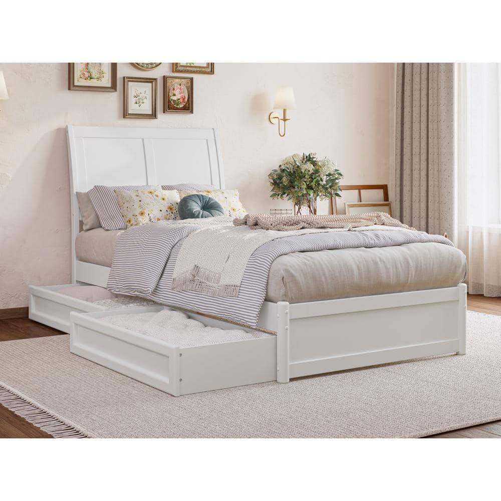 White Twin Wood Platform Bed with Storage Drawers and Slats