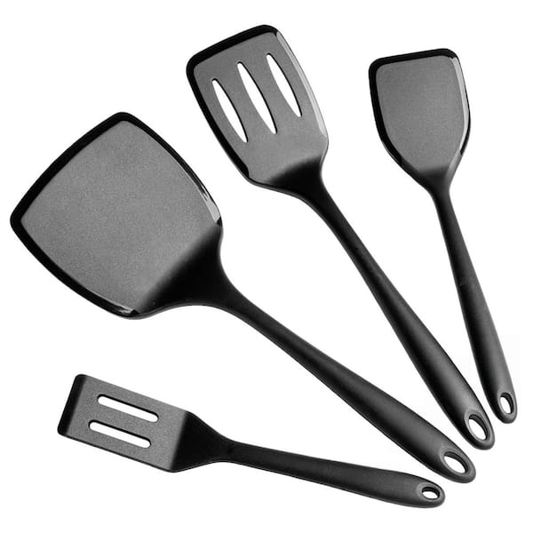 Silicone Non Stick Turners and Spatulas Set with 600°F Heat Resistant r for Cooking Eggs and Pancake, Black(4-Pack)