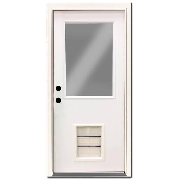 Steves & Sons 30 in. x 80 in. Element Series Half Lite White Primed Steel Back Door Right Hand Inswing with Large Pet Door