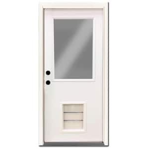 Premium Half Lite Primed White Steel Back Door 32 in. Right Hand Inswing with Extra Large Pet Door