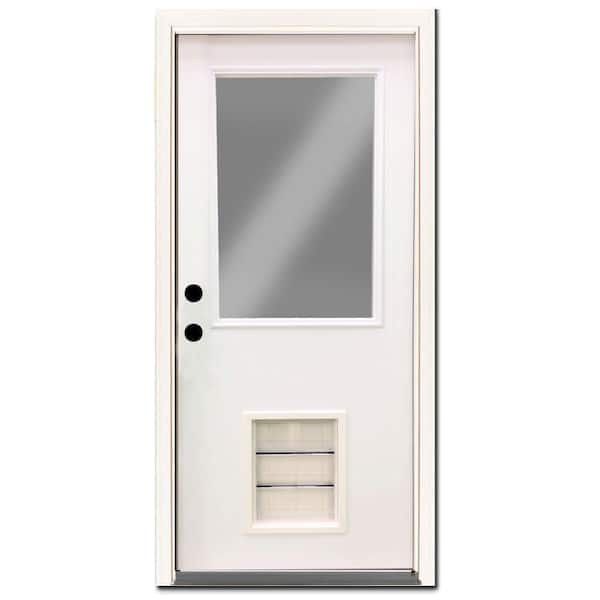 Steves & Sons Premium Half Lite Primed White Steel Back Door 32 in. Right Hand Inswing with Extra Large Pet Door