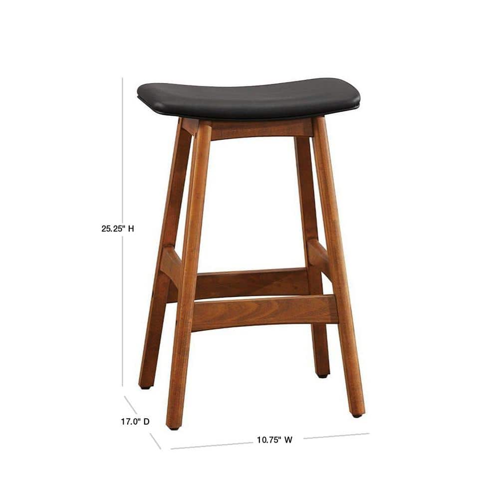 Black Leather Saddle-Style Wood Counter Stool, Set of 2
