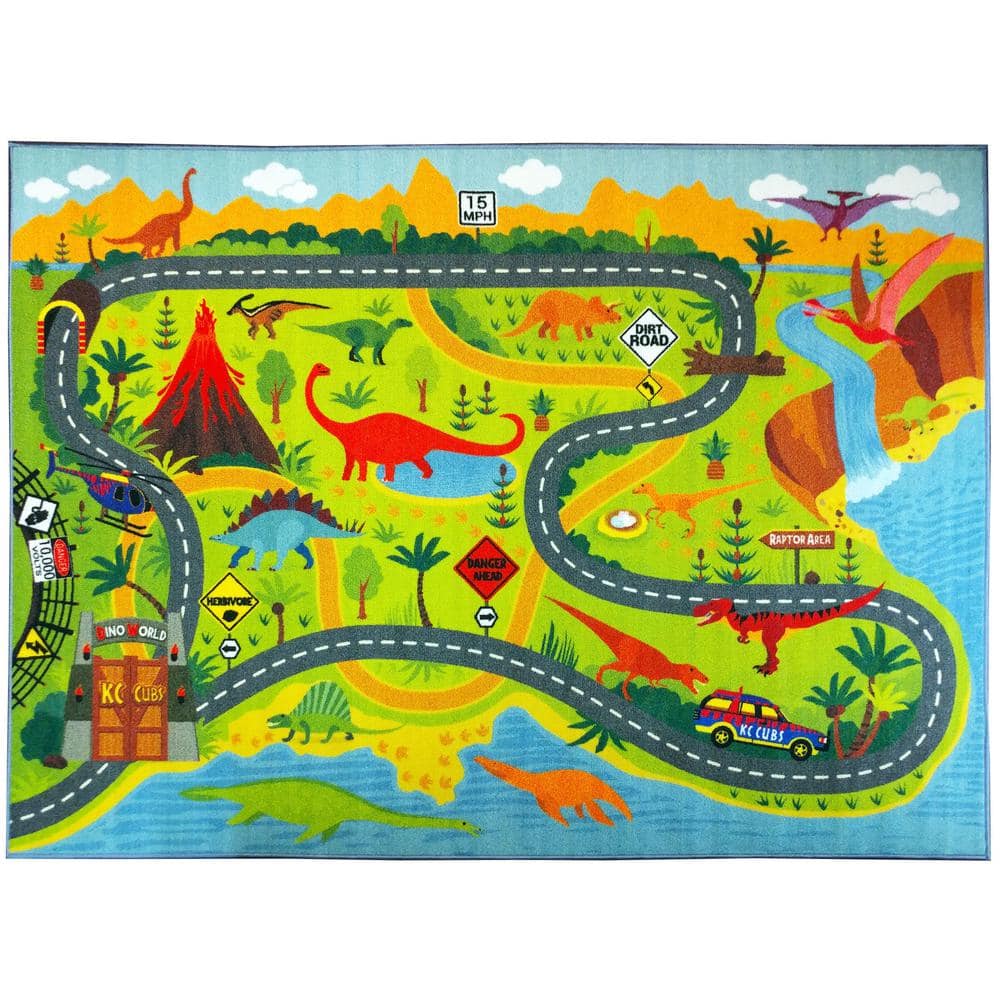 Children 5 7 Depot Dino Map Kids The Home Multi-Color Bedroom Learning Game ft. Dinosaur KC CUBS Safari Rug x Educational - KCP010021-5x7 ft. Road Area