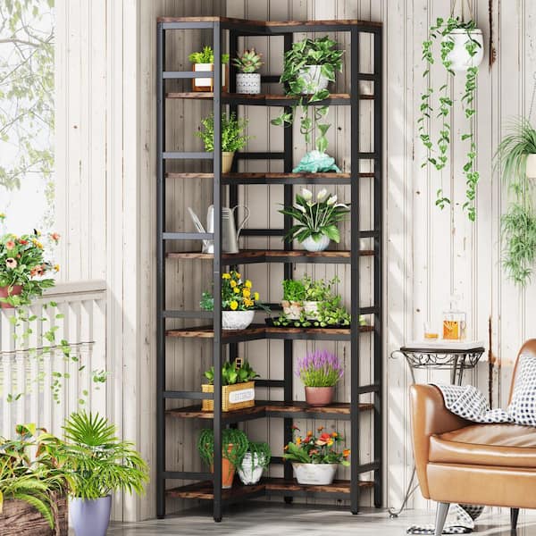 BYBLIGHT Eulas 78.7 in. Tall Brown and Black Engineered Wood 7-Shelf Etagere Bookcase with Open Shelves for Home Office