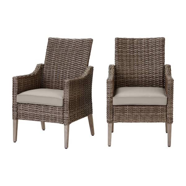 Hampton Bay Rock Cliff Brown Wicker Outdoor Patio Stationary Dining Chair with CushionGuard Riverbed Tan Cushions (2-Pack)