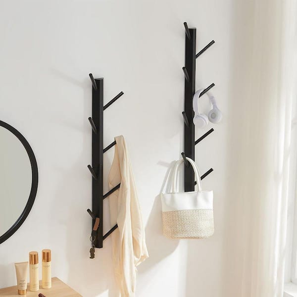 Black Coat Rack Vertical Wall Mount, Bamboo Coats Hooks Clothes
