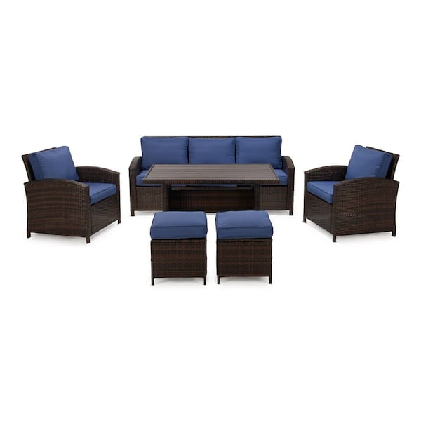 6-Piece Wicker Patio Conversation Set with Blue Cushions
