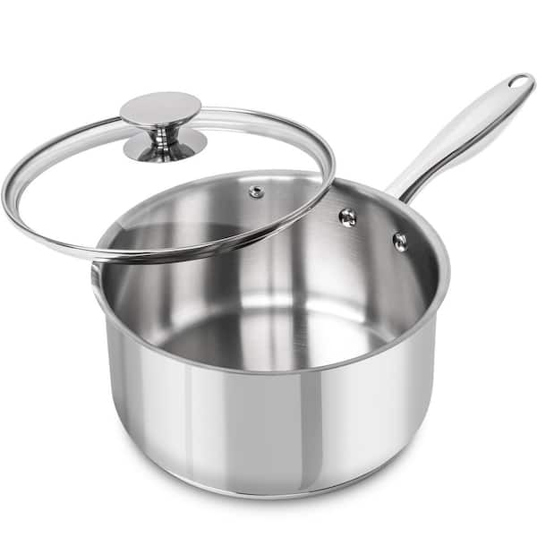 3 Quart Mirror Finish Stainless Steel Saucepan Induction Ready Thick Bottom Glass Lid Cool Grip Handle Piece