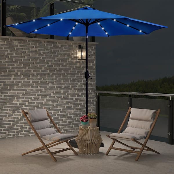 Maypex 9 ft. Steel Market Crank and Tilt Round Solar Light Patio Umbrella in Blue
