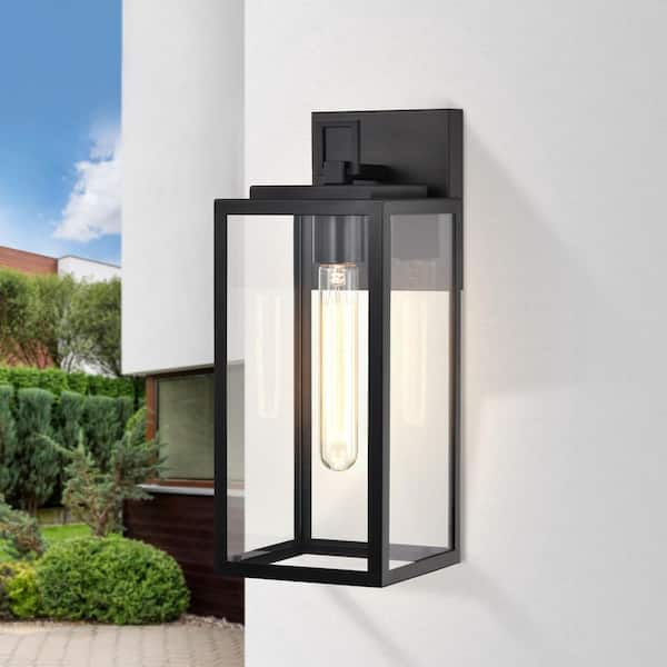 13.75 in. 1-Light Matte Black Outdoor Boxed Hardwired Wall Lantern Sconce with Clear Glass Shade