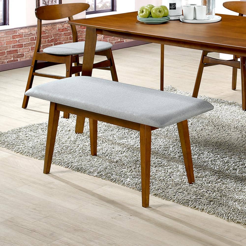 Gray Upholstered Walnut Wood Mid-Century Dining Bench