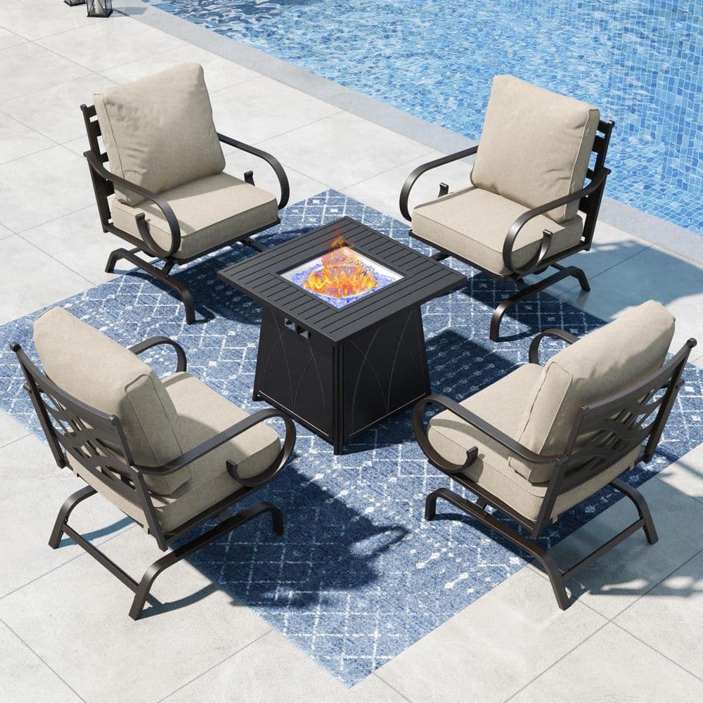Black Metal 4 Seat 5-Piece Steel Outdoor Fire Pit Patio Set with Beige Cushions,4 Rocking Chairs, Square Fire Pit Table price history on PriceWatchPro
