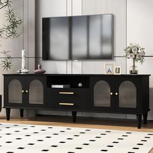 Black Retro TV Stand Fits TV's up to 75 in. with Arched Style Fluted Glass Doors and 5-Solid Wood Legs