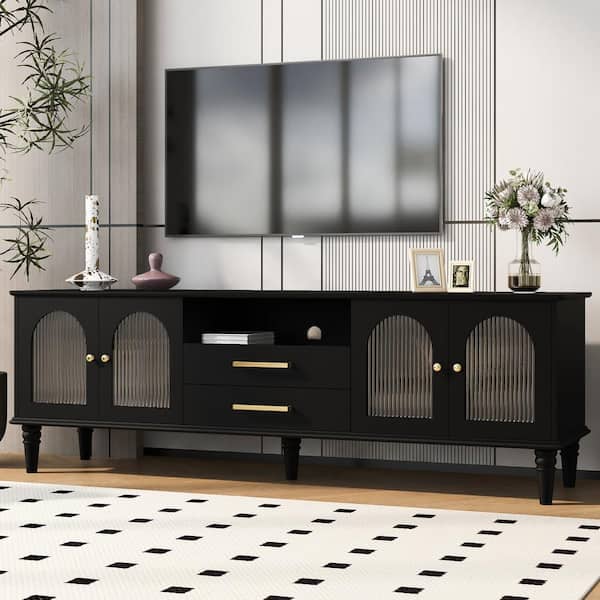 Harper & Bright Designs Black Retro TV Stand Fits TV's up to 75 in. with Arched Style Fluted Glass Doors and 5-Solid Wood Legs