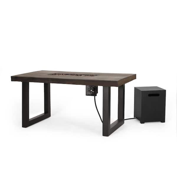 Noble House Wendall Outdoor Black/Dark Grey/Antique Teak Rectangular Stainless Steel Fire Pit Dining Table with Tank Holder