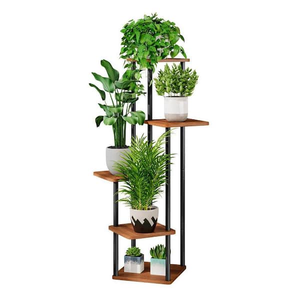 OGETFUUR Walnut 5 Tier Plant Stand Indoor Metal Flower Shelf