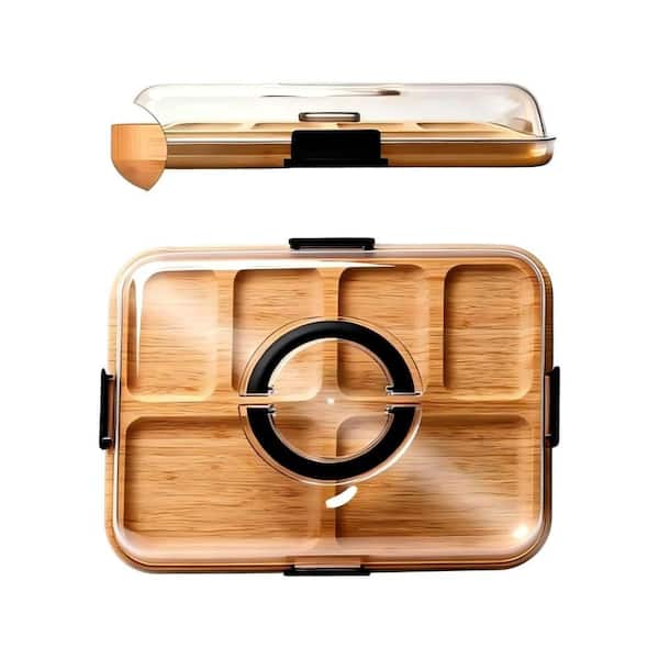 14.4 in. Multi-Section Bamboo Charcuterie Board, Clear Lid with Snap Locks, Portable Stackable Cheese Serving Platter