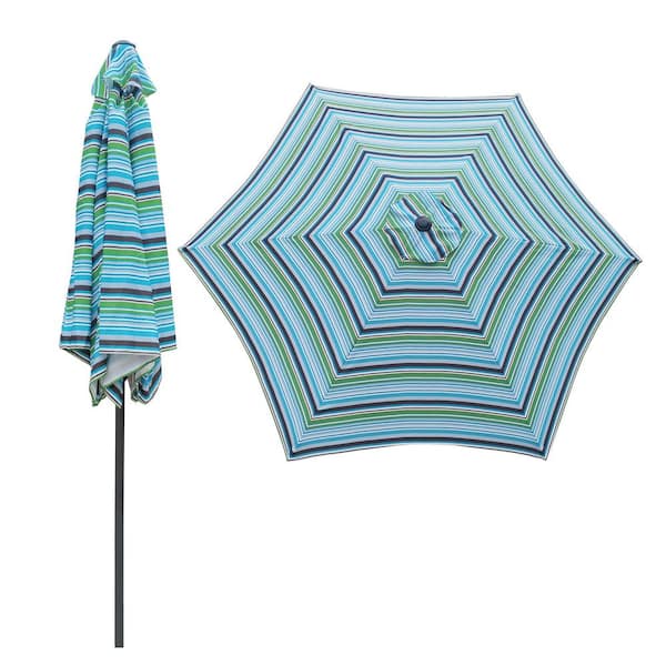 EPIPHANY DOUBLED INC 9 ft. Metal Outdoor Patio Umbrella in Blue Stripes with Crank Handle