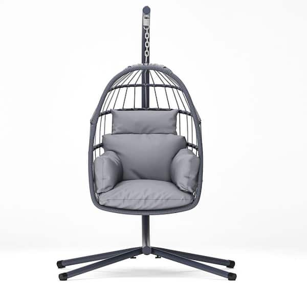 JimsMaison 42.10 in. 1-Person Wicker Hanging Porch Swing with Gray Cushions.