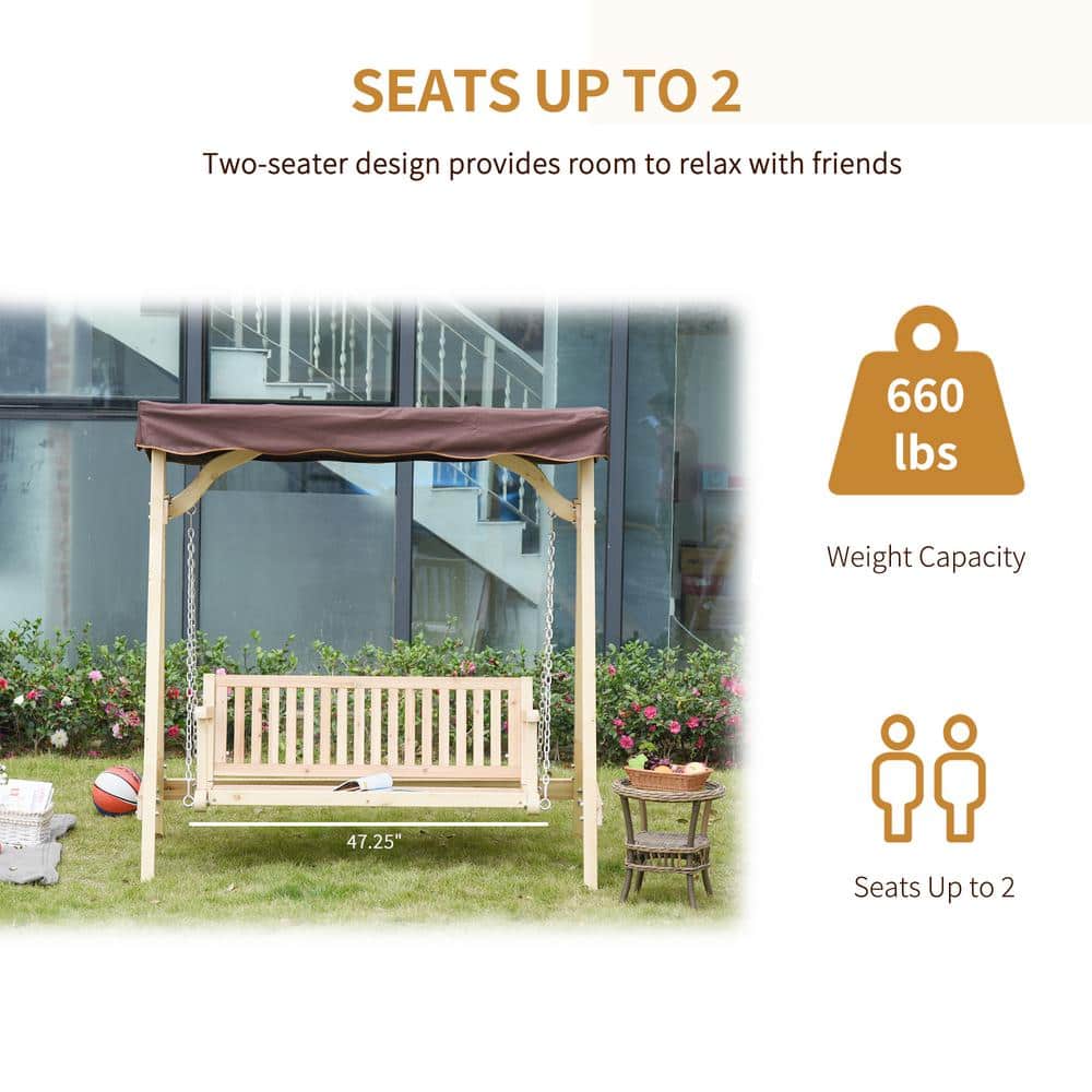 Natural Fir Wood 2-Seater Porch Swing with Brown Canopy