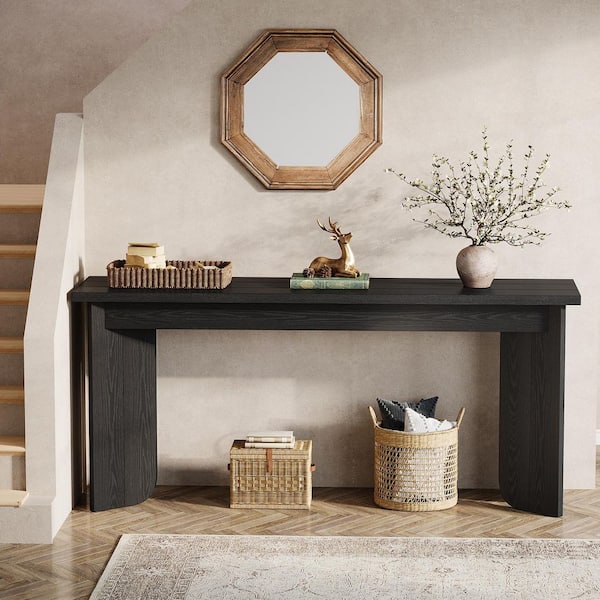 Turrella 70.9 in. Black Rectangle Wood Console Tables, SofaTable with Widened Tabletop and V-Shaped Pedestal
