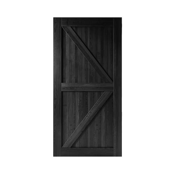 HOMACER 42 in. x 96 in. K-Frame Black Solid Natural Pine Wood Panel Interior Sliding Barn Door Slab with Frame