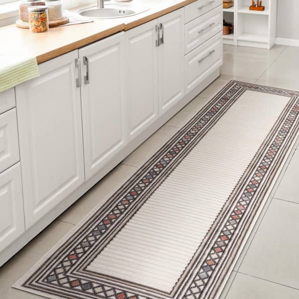 Ivory/Beige 2 ft. x 8 ft. Sebastian Approximate Rug Size High-Low Modern Diamond Border Indoor/Outdoor Area Rug