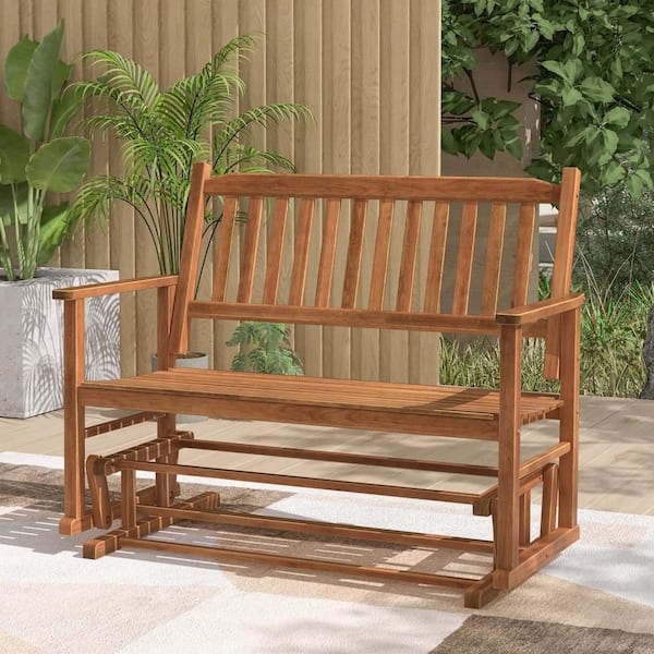 27 in. 2-Person Natural Wood Outdoor Glider Patio Glider with Slatted Seat and Curved Backrest