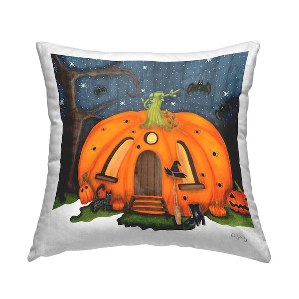 Stupell Industries Jack-o-Lantern Witch House Multi-Color Print Polyester 18in. X 18in. Throw Pillow