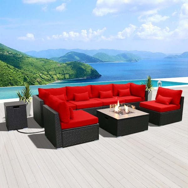 8-Piece Wicker Outdoor Patio Conversation Set with Propane Fire Pit Table (Red Cushions-Square Table)