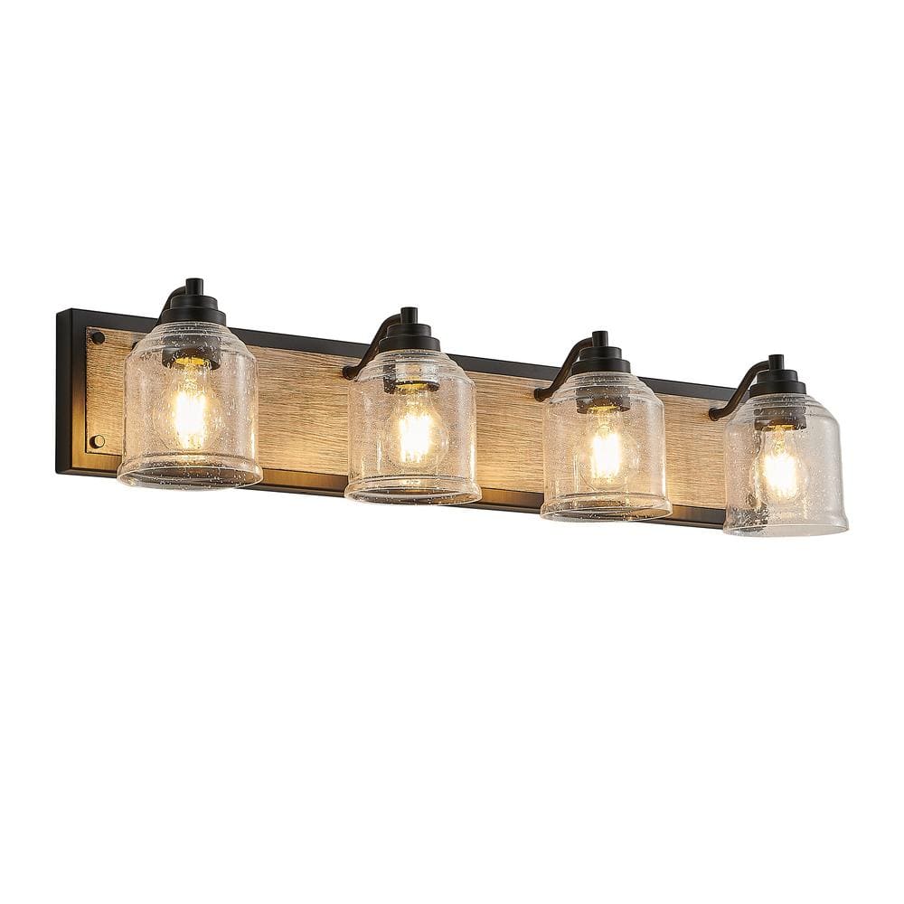 Farmhouse 31.5 in. 4-Light Wall Sconce with Seeded Glass Shades, Black Inte